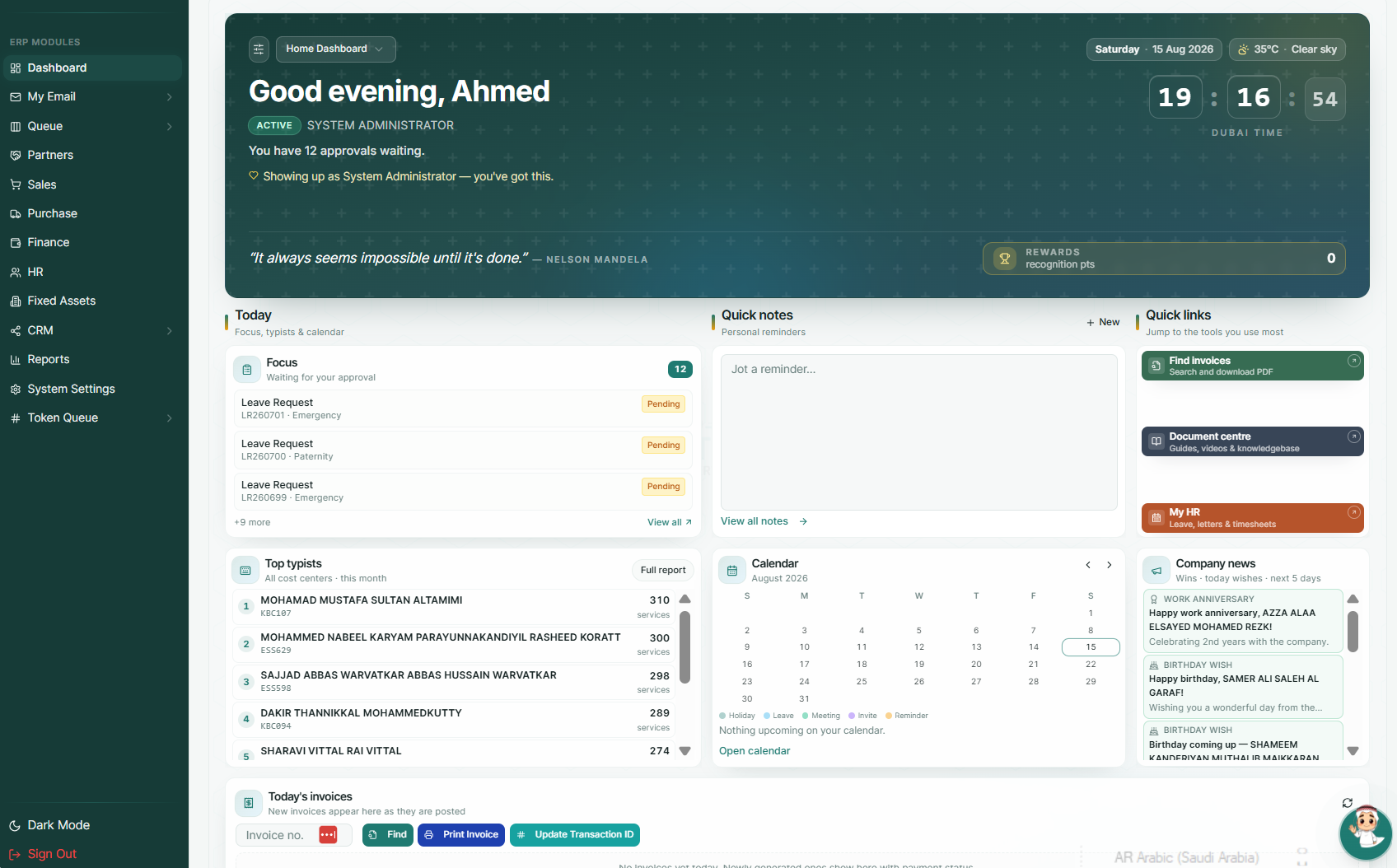 SOP platform dashboard showing queue, approvals, invoices, calendar and team performance