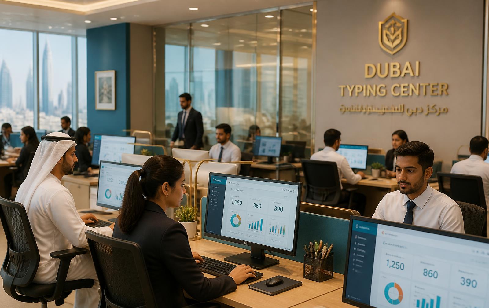 Typing center team in formal attire working on SOP dashboards in a Dubai office